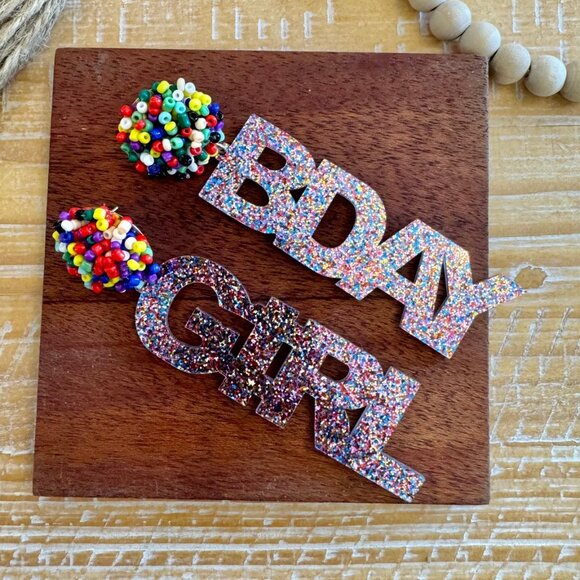 BIRTHDAY GIRL GLITTER & SEED BEADED EARRINGS - Picture 1 of 4